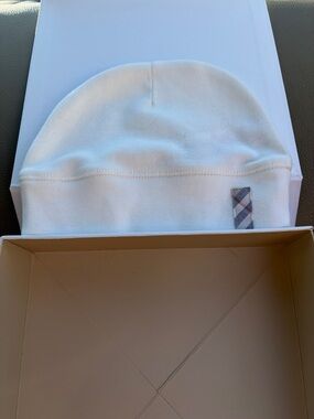 Burberry White Baby Beanie with Signature Check Tab